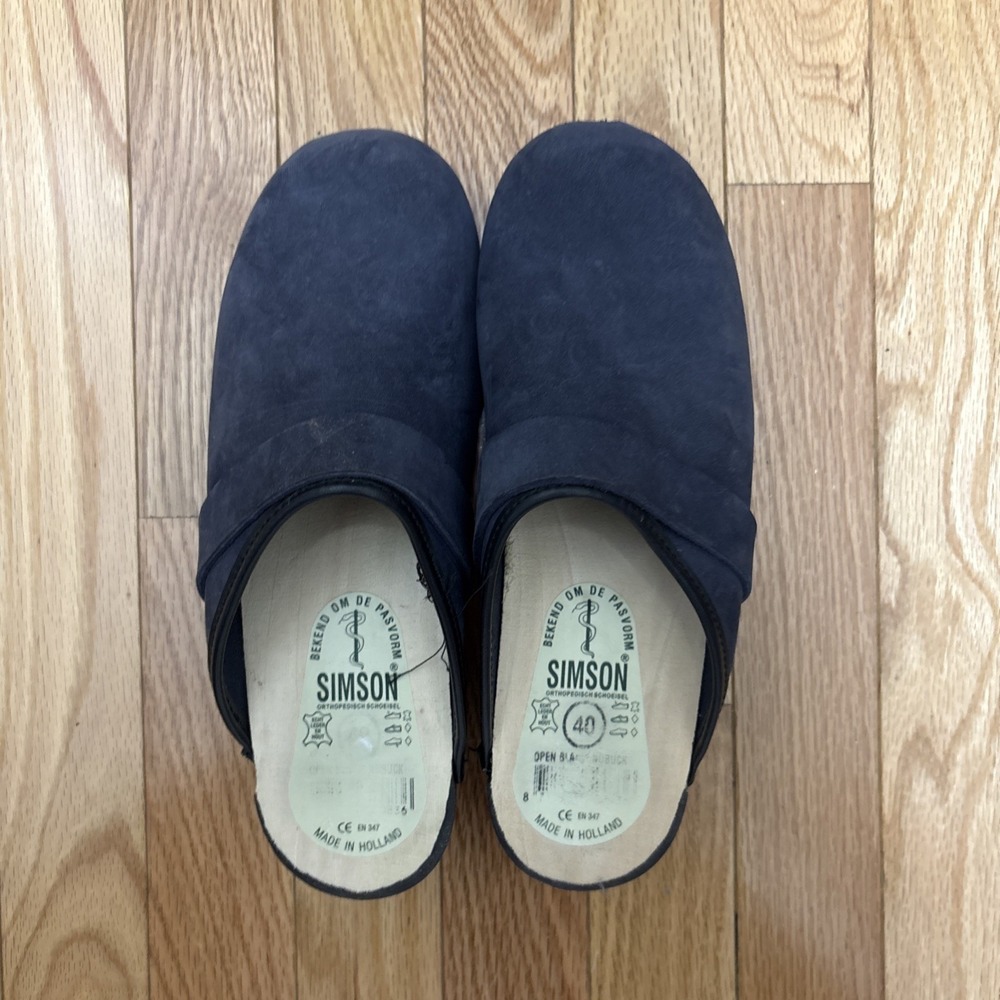 SIMSON Dutch Wooden Clogs Slippers Navy Blue Suede Leather EU 40 Open‎ Back